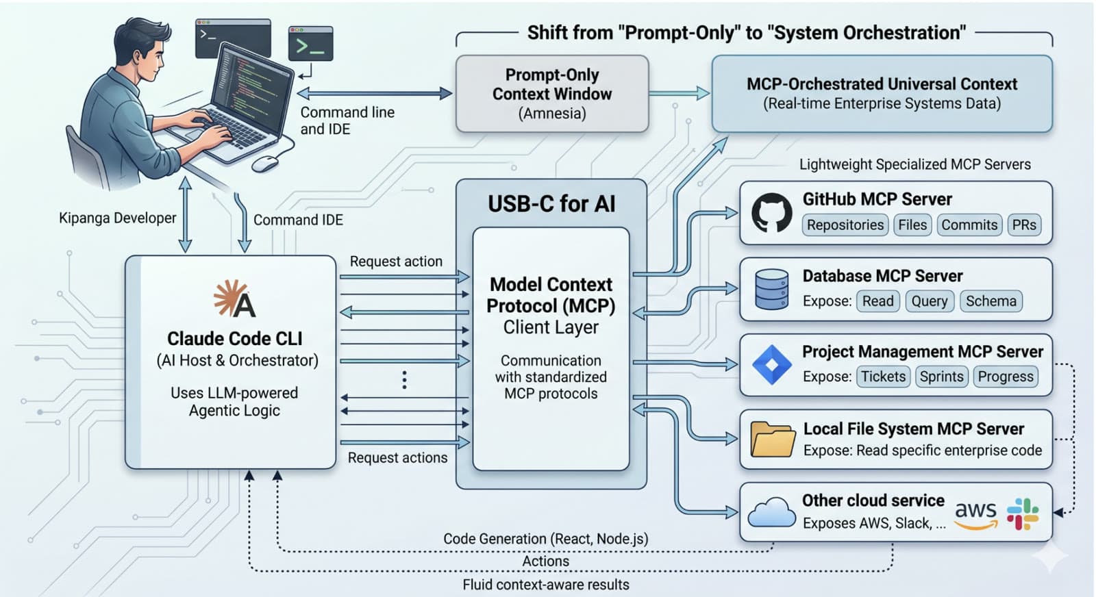 MCP architecture: host, client, and server layers connecting AI to enterprise systems