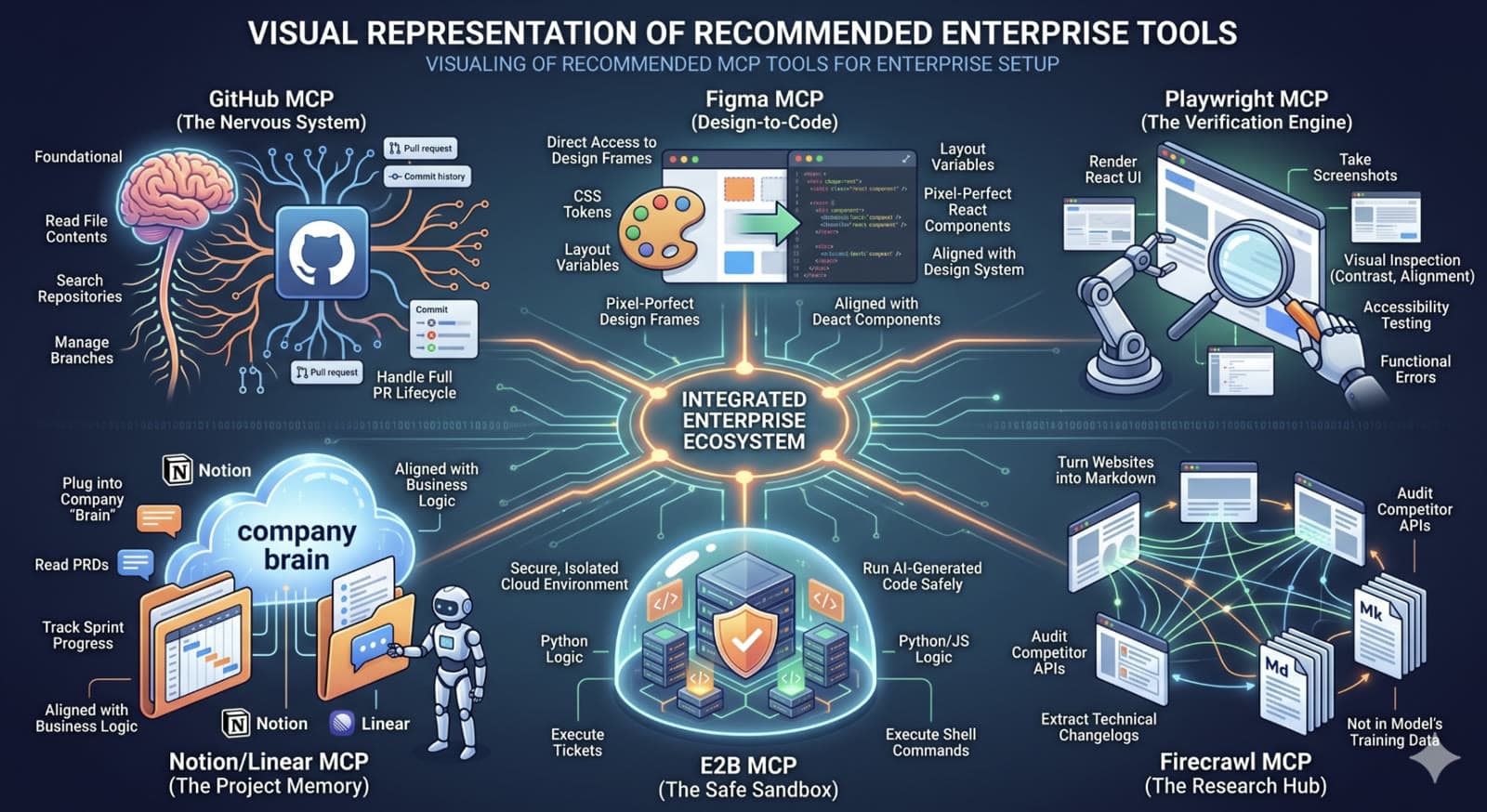 Enterprise MCP toolkit ecosystem: GitHub, Figma, Playwright, Firecrawl, E2B, and Notion/Linear