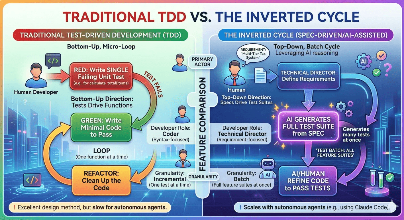 Traditional TDD vs. The Inverted Cycle comparison diagram