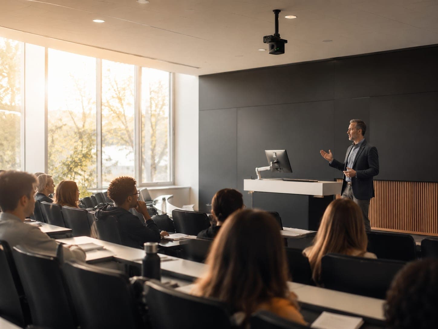 University lecture theatre with a ceiling-mounted recording camera capturing a live class